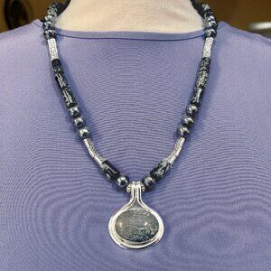 Vintage DENDRITIC AGATE 925 Silver Pendant Necklace Earring Set Parure